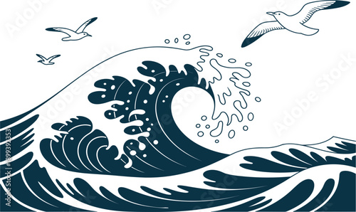 Hand drawn ocean wave and seagulls vector illustration, nautical marine sea surf