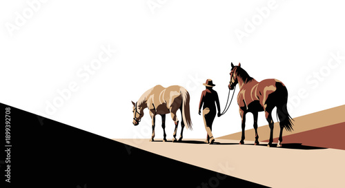 Stylized cowboy walking with horses in minimalist desert landscape