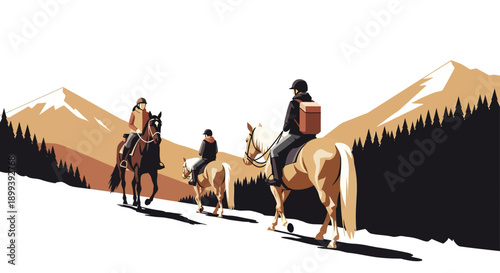 Mountain riders on horseback against scenic landscape in minimalist style