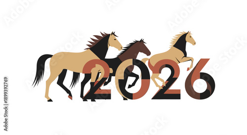 Stylized horses galloping through year 2026 design
