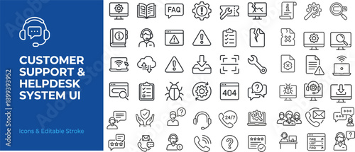 50 Customer Support Outline Icons Set — Helpdesk, Live Chat, Ticket, Agent, FAQ, Call Center, Feedback, Editable Stroke UI