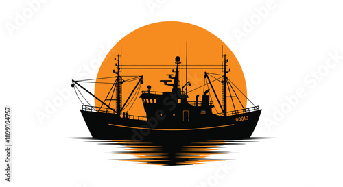 Silhouette of a fishing boat against a vibrant orange sunset over water