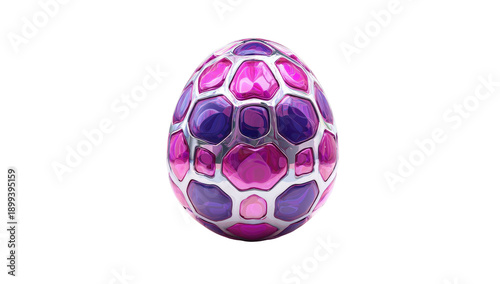 A vibrant, jewel-toned, egg-shaped object with a metallic silver framework