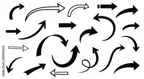 Collection of black arrows in various directions and curved shapes