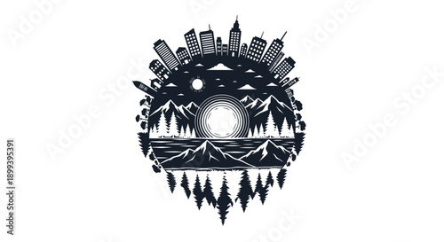 A circular illustration featuring a cityscape mountains and a radiant sun