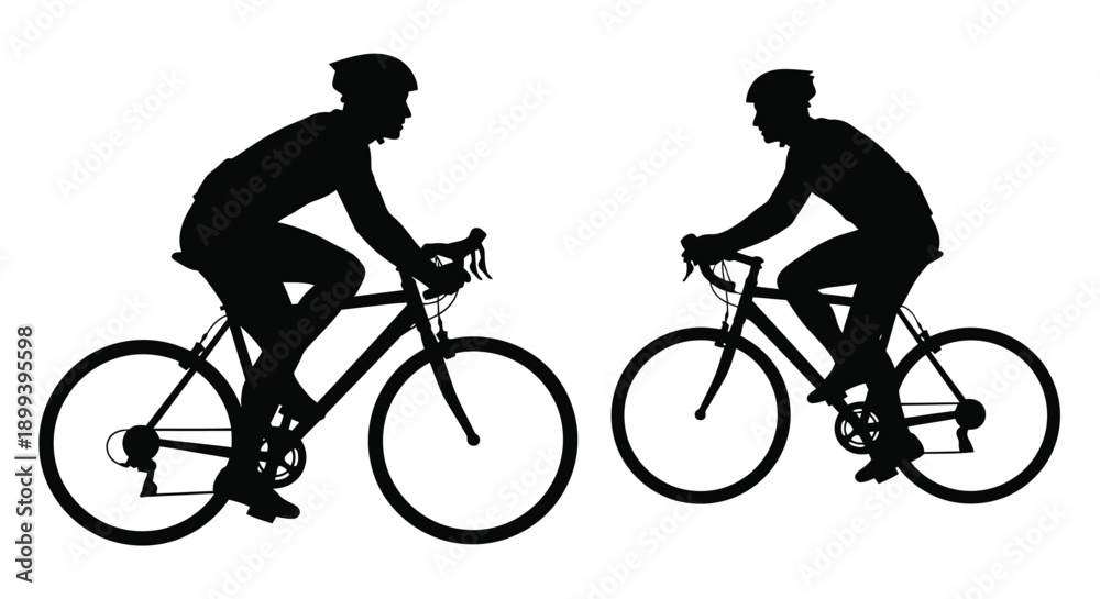 Naklejka premium Two cyclists riding road bikes facing each other in silhouette