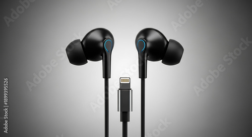 Modern Black Earbuds with Teardrop Blue Light and Lightning Plug for Smartphone