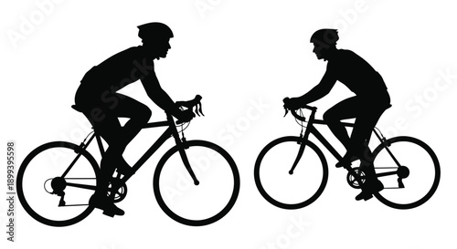 Two cyclists riding road bikes facing each other in silhouette
