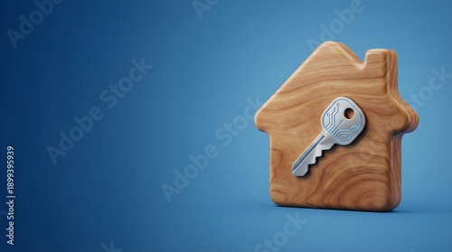Real State Wooden Home Icon With Silver AI Key on Blue Background