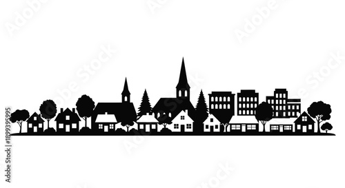 Black silhouette of a european town with varied building heights