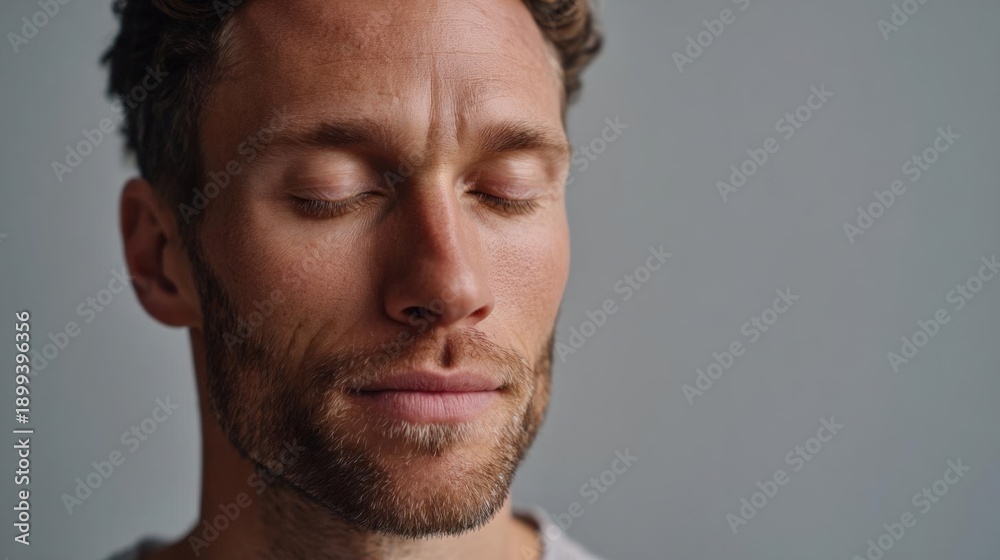 Obraz premium Close-up portrait of a man's face. he appears to be in his late twenties or early thirties, with short, dark hair and a beard. his eyes are closed, and his head is tilted slightly to the side.
