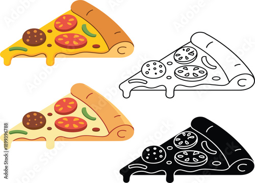 Set of delicious pizza slice icons featuring pepperoni, tomato, and peppers, in flat, outline and silhouette style