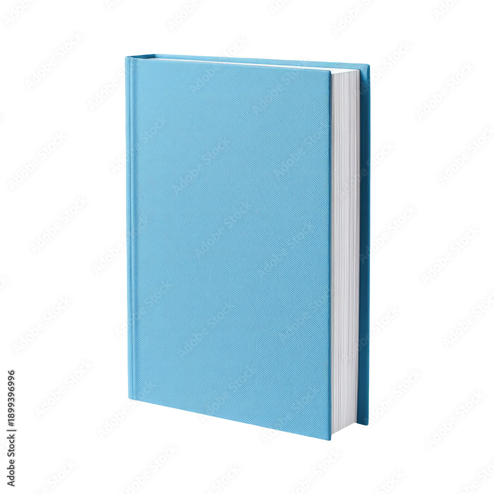 Naklejka premium A single light-blue hardcover book stands upright, showcasing its front cover and pages