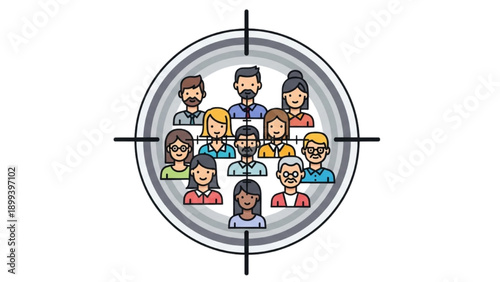 Diverse group of people in the crosshairs viewed from directly above