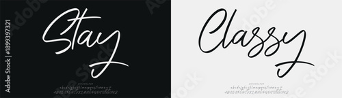 Stay Classy, Script luxury wedding alphabet letters font with tails. Typography elegant classic serif fonts and number decorative vintage retro concept for logo branding. vector illustration
