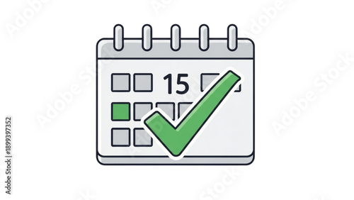 Calendar icon with checkmark on date 15 indicating confirmation or approval of a scheduled event or appointment