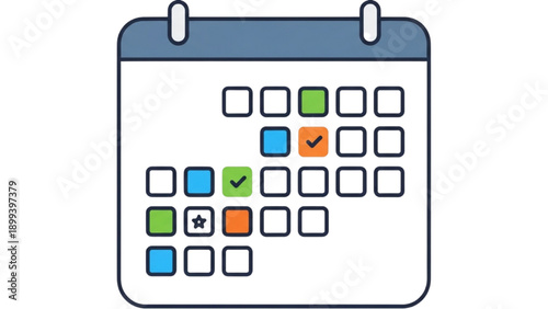 A calendar icon with checked and unchecked boxes displayed prominently on a clean white surface from a straightforward front viewpoint