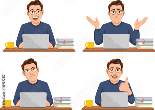 Male freelancer at desk with laptop vector set, different facial expressions and emotions