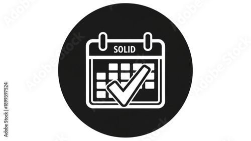 Calendar icon with checkmark on a circular background viewed from the front