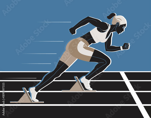 Athletic woman sprinter starting race from blocks.