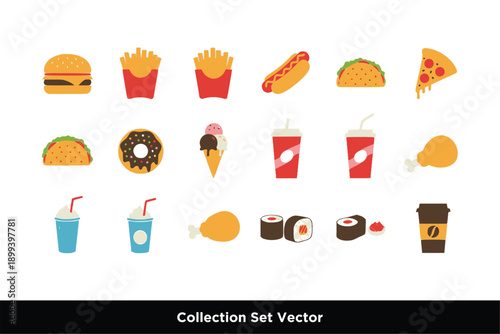 Fast Food Meal and Snack Flat Illustration Set