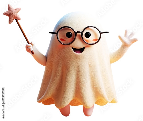 Little whimsical and adorable ghost holding a magic wand