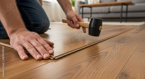 Installing laminate flooring in a modern living room renovation project