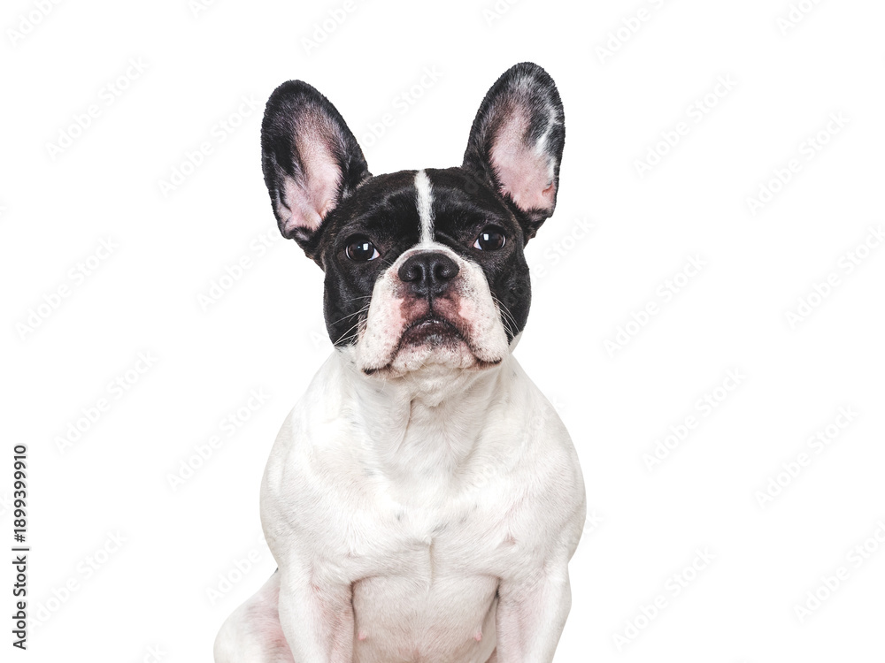 Fototapeta premium Cute French Bulldog with sad eyes, waiting for a forever home. Adopt don't shop. Perfect for pets care, dog lovers, advertising and lifestyle content. Studio shot, isolated background