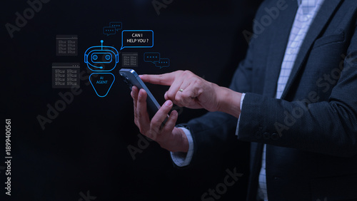 Businessman holding mobile phone using innovative AI agent chatbot for smart financial assistance with happy confident and secure expression