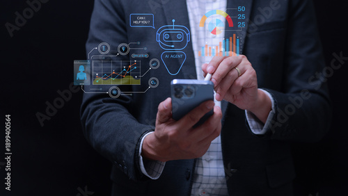 Intelligent ai agent analyzing data via mobile technology virtual interface displaying futuristic innovation concept with focused emotion