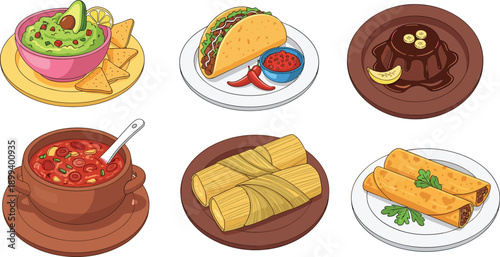 Mexican food dishes collection including tacos, guacamole, soup, tamales, enchiladas, and dessert 