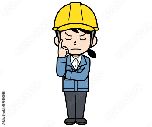 熟考するヘルメットをかぶった現場監督の女性