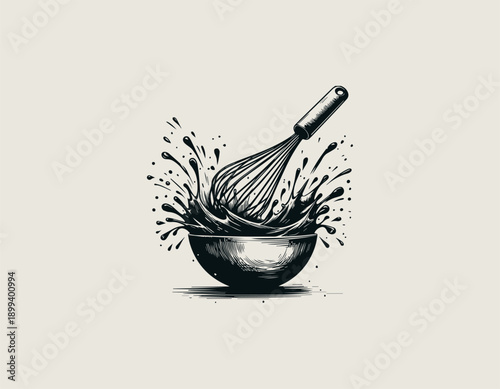 cooking illustration shows whisk mixing ingredients in bowl with dynamic splash