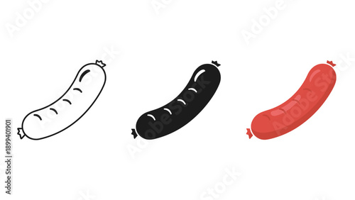 Three sausages in different illustration styles on white background Vector