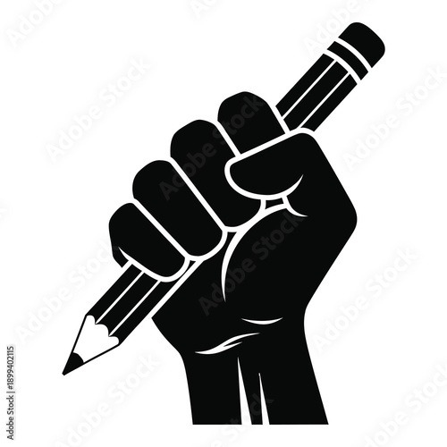 Empowering fist holding pencil in bold black silhouette