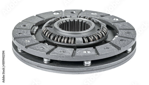 An open, close-up view of a new, complex metal machine part against a black background