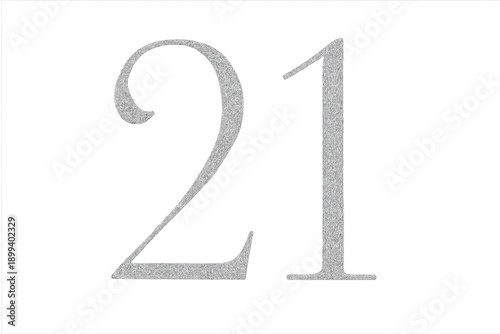 Silver glitter number twenty-one on transparent background
