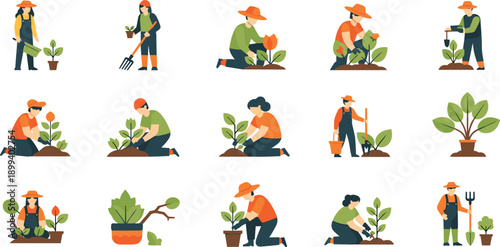 Set of flat design icons depicting people gardening and planting plants Keywords: gardening, planting, people, icons, flat