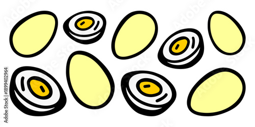 Boiled chicken eggs next to each other, in shell and cut. Horizontal banner on white isolated background