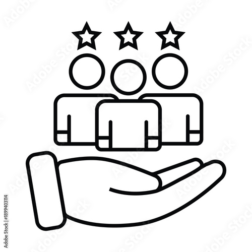 Outline icon depicting a hand supporting three stylized people with stars, symbolizing customer care, employee recognition, or premium service.