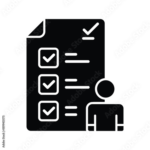 Black glyph icon representing a person reviewing a document with multiple completed checkboxes, symbolizing task completion, survey, or personal assessment.