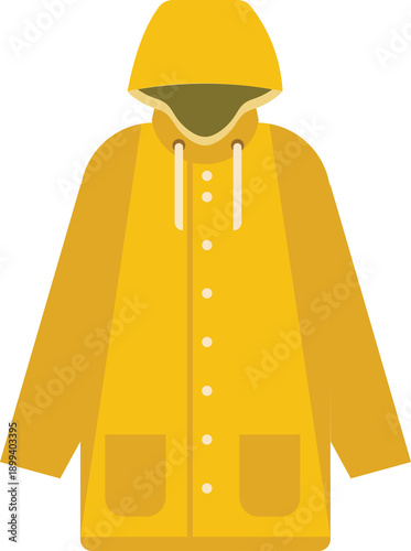 фотографія Yellow raincoat with hood, drawstring, button closure offers protection from inclement weather, ideal for outdoor activities
