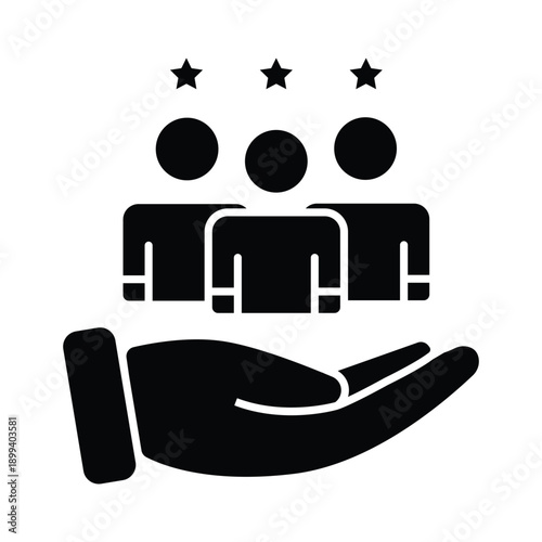 A hand supporting a group of three people with stars, symbolizing excellent customer service and team support.