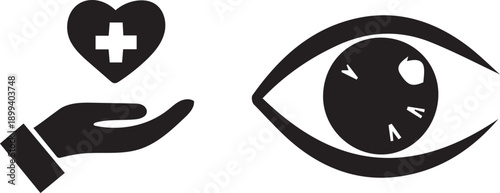 Hand Offering Heart With Cross and Eye Icon, Health Care and Vision Concept