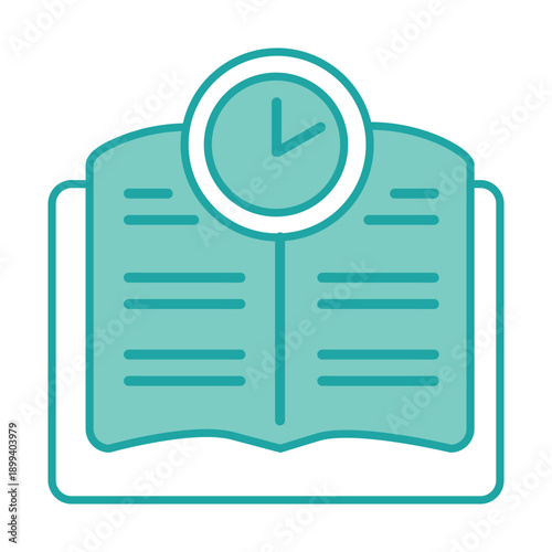 Iconic illustration of an open book with a clock symbolizing time management and learning.