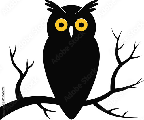 Black owl silhouette illustration, nocturnal bird perched on branch, minimal wildlife icon isolated on white background vector design art symbol