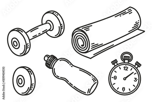 Collection of hand-drawn fitness equipment icons including a dumbbell yoga mat water bottle and stopwatch for health and wellness concepts