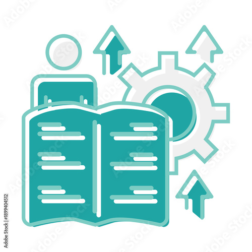 Conceptual illustration of a person engaging with an open book, alongside a gear and upward arrows, representing learning, knowledge, process optimization, and skill development.