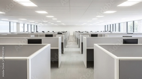 monotony. Vast landscape of identical grey office cubicles under sterile lighting, vanishing point perspective. safety posters.