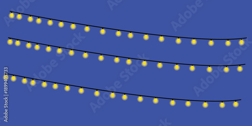 Warm Yellow Hanging String Lights on Blue Background – Festive Decorative Illumination